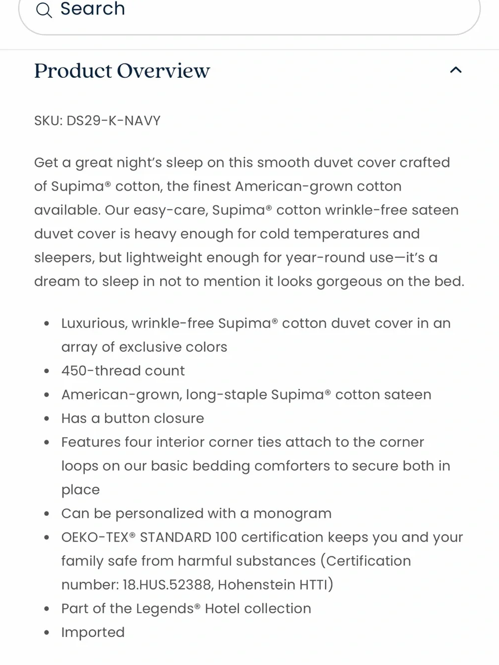 Company Store Supima Cotton Duvet Cover in deep navy